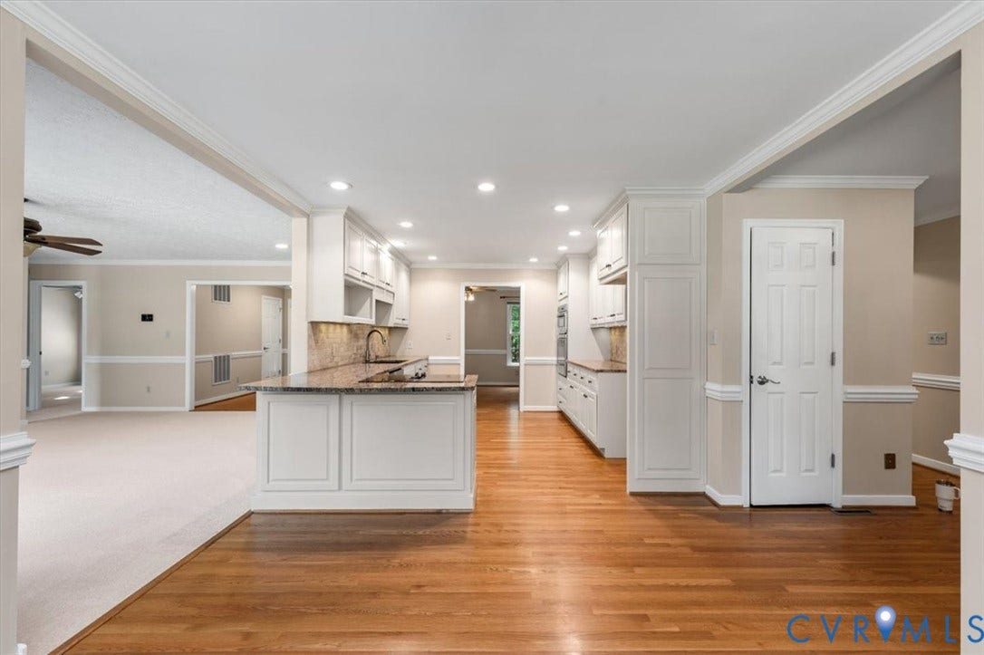 1437 Palmore Road, Powhatan, VA 23139 Kitchen featuring white cabinetry, wood-finish flooring, recessed lighting, and stone countertops with a tiled backsplash