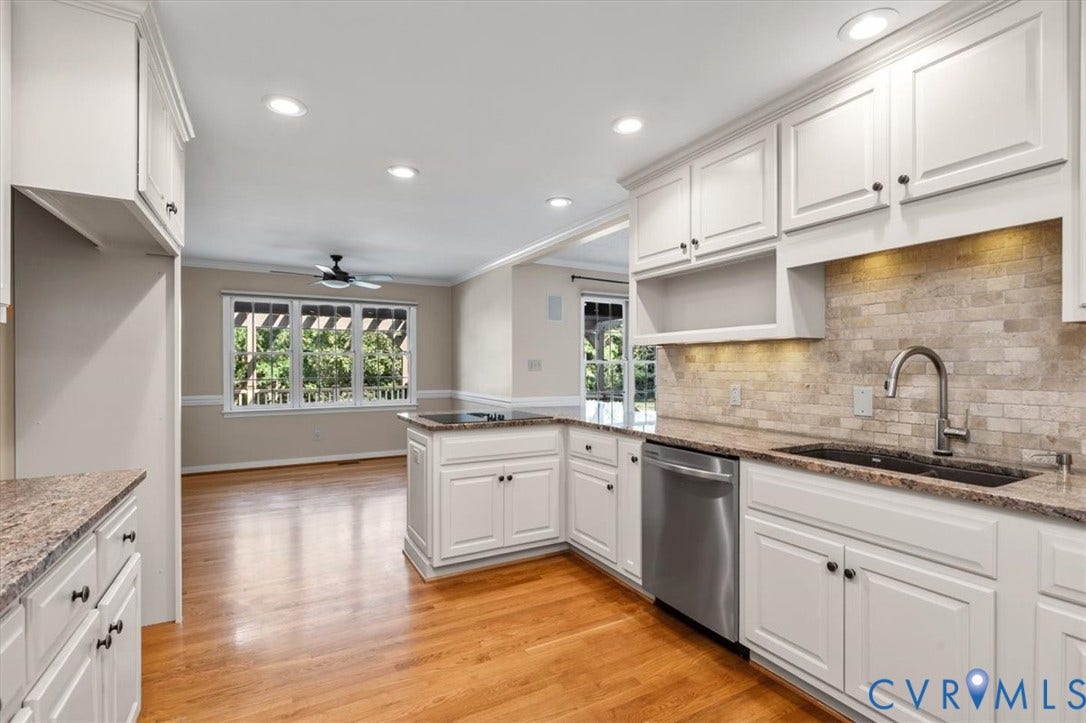 1437 Palmore Road, Powhatan, VA 23139 Kitchen featuring white shaker-style cabinetry, granite countertops, and a stone-tile backsplash
