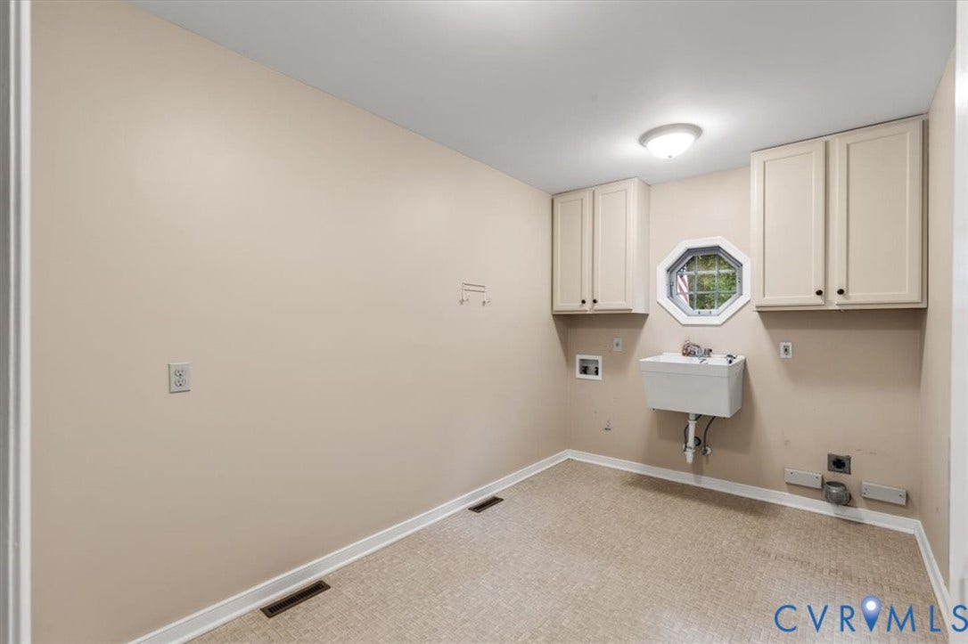 1437 Palmore Road, Powhatan, VA 23139 Dedicated utility space featuring a utility sink, octagonal window, and overhead cabinetry