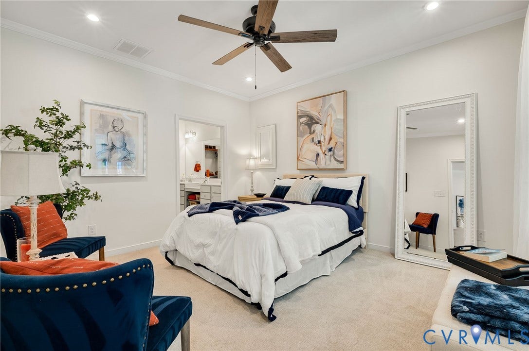 9217 Cerulean Place, Goochland, VA 23238 Bedroom featuring soft neutral carpeting, crown molding, and a ceiling fan with wood-finish blades
