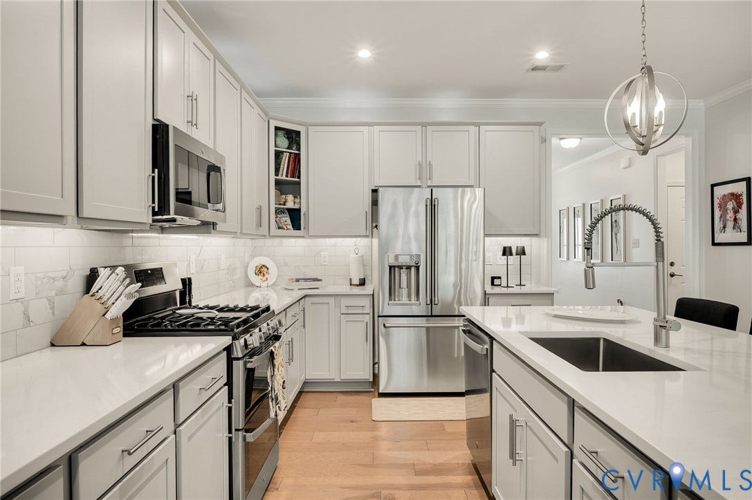 9217 Cerulean Place, Goochland, VA 23238 Contemporary kitchen featuring light gray cabinetry, stainless steel appliances, white countertops, and a white subway tile backsplash