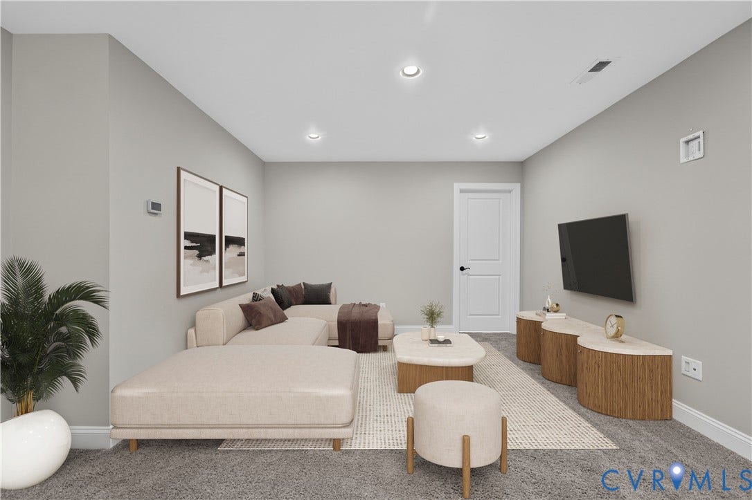 7238 Shenfield Avenue, Minutes To Short Pump, Glen Allen, VA 23059 Spacious interior room featuring light gray walls, recessed lighting, and a neutral carpeted floor