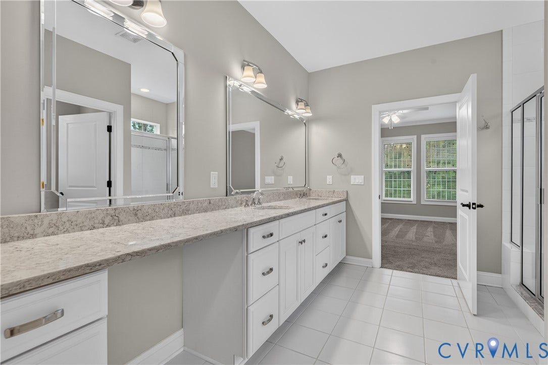 7238 Shenfield Avenue, Minutes To Short Pump, Glen Allen, VA 23059 Double vanity with stone countertop, white cabinetry, and undermount sinks