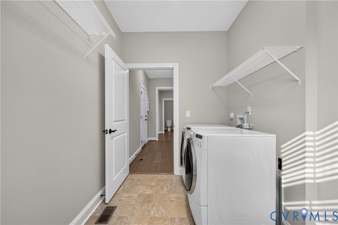 7238 Shenfield Avenue, Minutes To Short Pump, Glen Allen, VA 23059 Laundry area featuring tile flooring, neutral wall paint, white wire shelving, and a utility sink