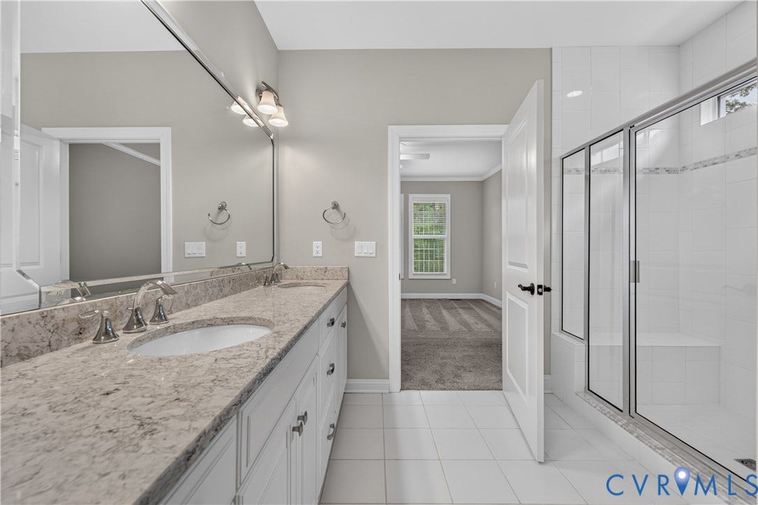7238 Shenfield Avenue, Minutes To Short Pump, Glen Allen, VA 23059 Bathroom featuring a dual vanity with light-toned countertop, undermount sinks, and polished chrome faucets