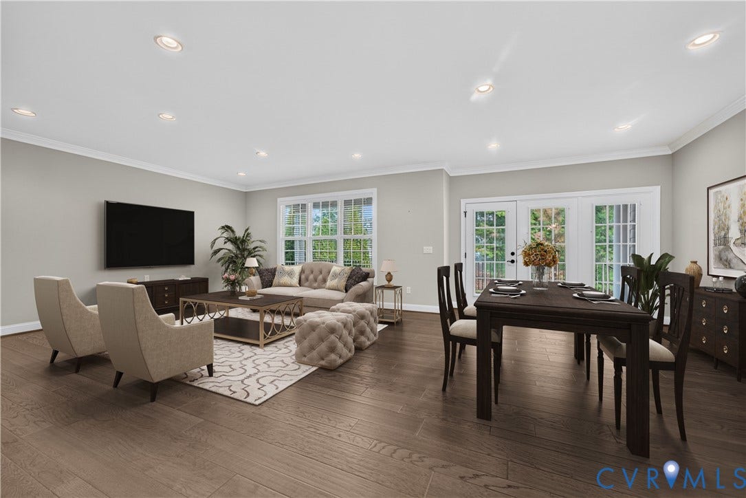 7238 Shenfield Avenue, Minutes To Short Pump, Glen Allen, VA 23059 Open-concept living and dining area featuring wood-finish flooring, recessed lighting, and crown molding