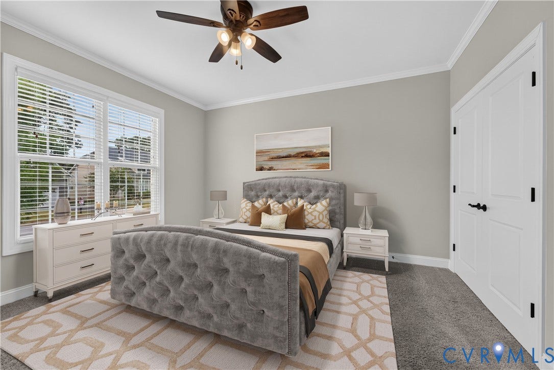 7238 Shenfield Avenue, Minutes To Short Pump, Glen Allen, VA 23059 Carpeted room featuring a ceiling fan with integrated lighting, a large window with blinds, and white trim work