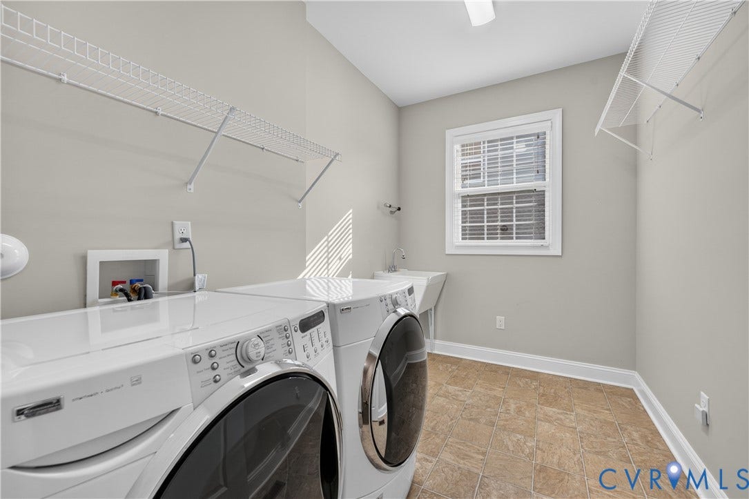 7238 Shenfield Avenue, Minutes To Short Pump, Glen Allen, VA 23059 Laundry room with a utility sink, a window featuring horizontal blinds, and tile-style flooring