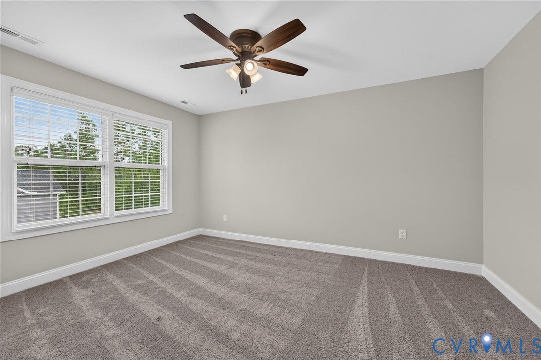 7238 Shenfield Avenue, Minutes To Short Pump, Glen Allen, VA 23059 Carpeted room featuring a double window, white window blinds, a ceiling fan with integrated lighting, and light grey wall paint