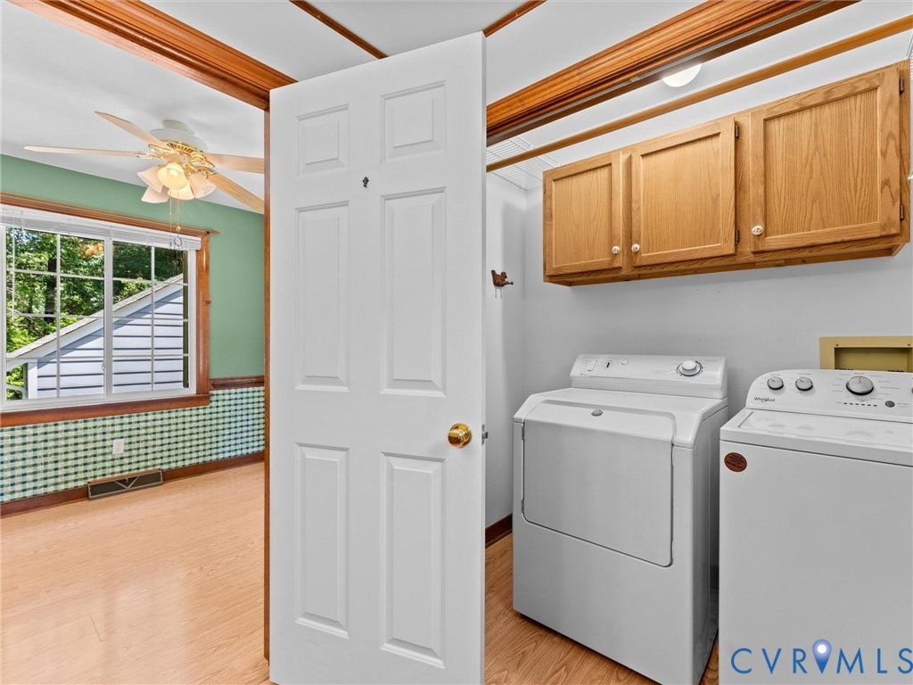 Dedicated laundry area featuring upper wood cabinetry