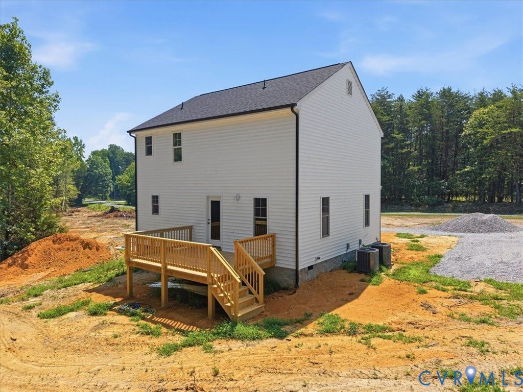 654 Frenchs Store Road, Cumberland, VA 23040 New construction featuring a white vinyl siding exterior, a dark shingle roof, and a wood deck with railings and steps