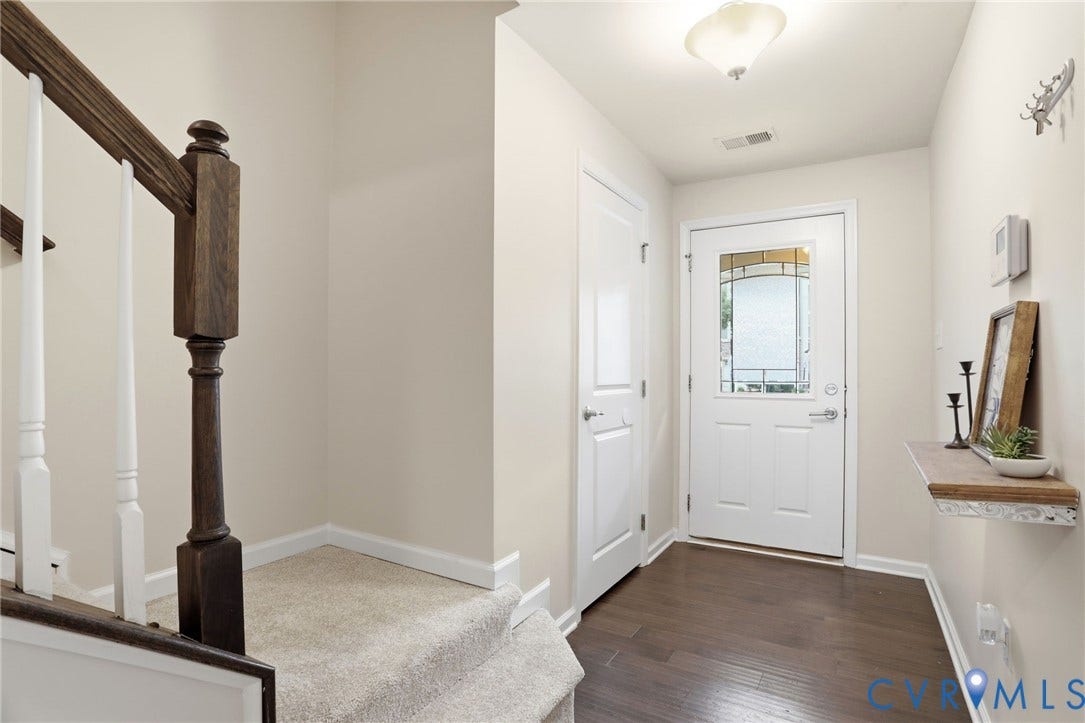 4101 New Hermitage Drive, Henrico, VA 23228 Entryway featuring wood-finish flooring, a white paneled door with decorative glass, and a flush mount ceiling light