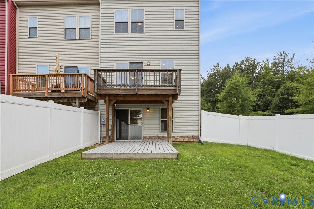 4101 New Hermitage Drive, Henrico, VA 23228 Private fenced yard featuring a ground-level composite deck, an upper-level wood deck, and a sliding glass door entry