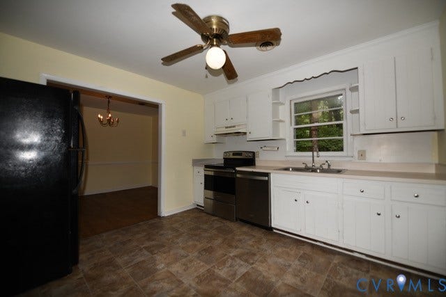 12720 Bailey Bridge Road, Bailey Bridge, Midlothian, VA 23112 Kitchen featuring white cabinetry, a double basin sink, stainless steel appliances, and wood-finish flooring