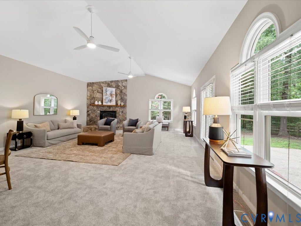 9630 Goneway Drive, Henrico, VA 23238 Gorgeous addition with Palladian windows, New Carpet, Corner stone fireplace, and 2 new remote controlled ceiling fans!
