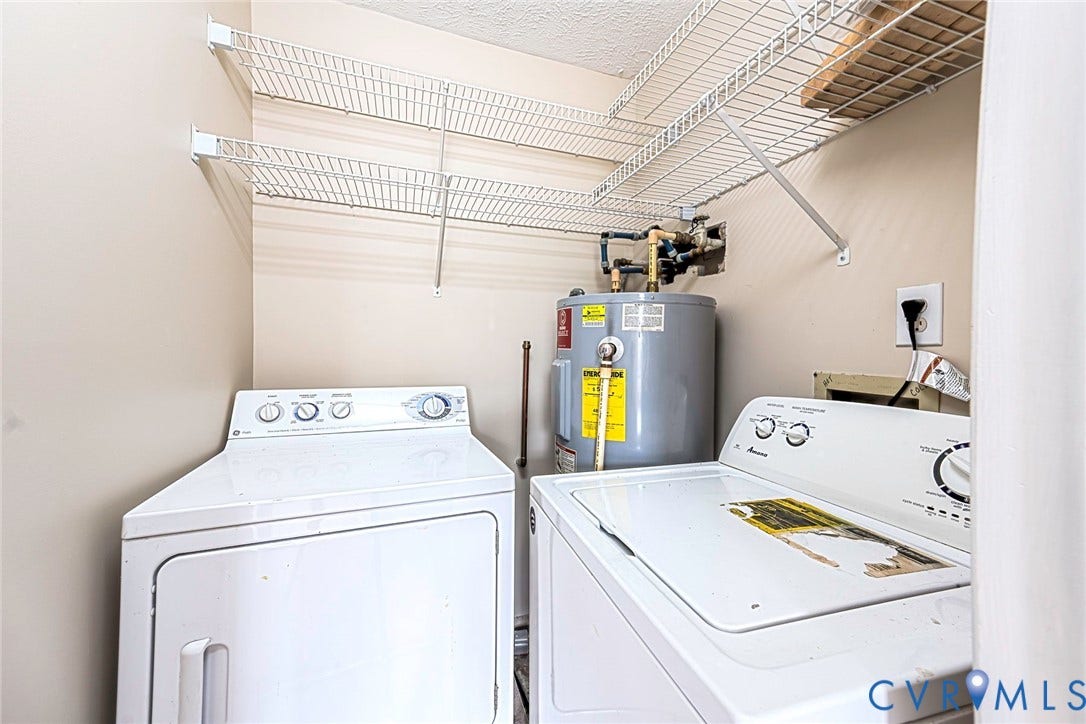 Dedicated laundry area featuring a water heater, wire shelving, and neutral wall tones