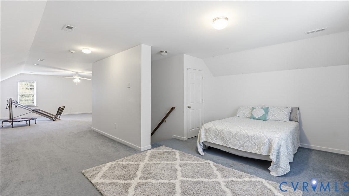 1836 Rocky Ford Road, Powhatan, VA 23139 Spacious room featuring light gray carpet flooring, white walls, and a sloped ceiling