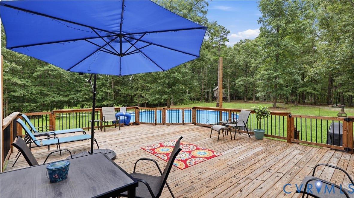 1836 Rocky Ford Road, Powhatan, VA 23139 Expansive custom wood deck with a perimeter railing overlooking a private wooded area