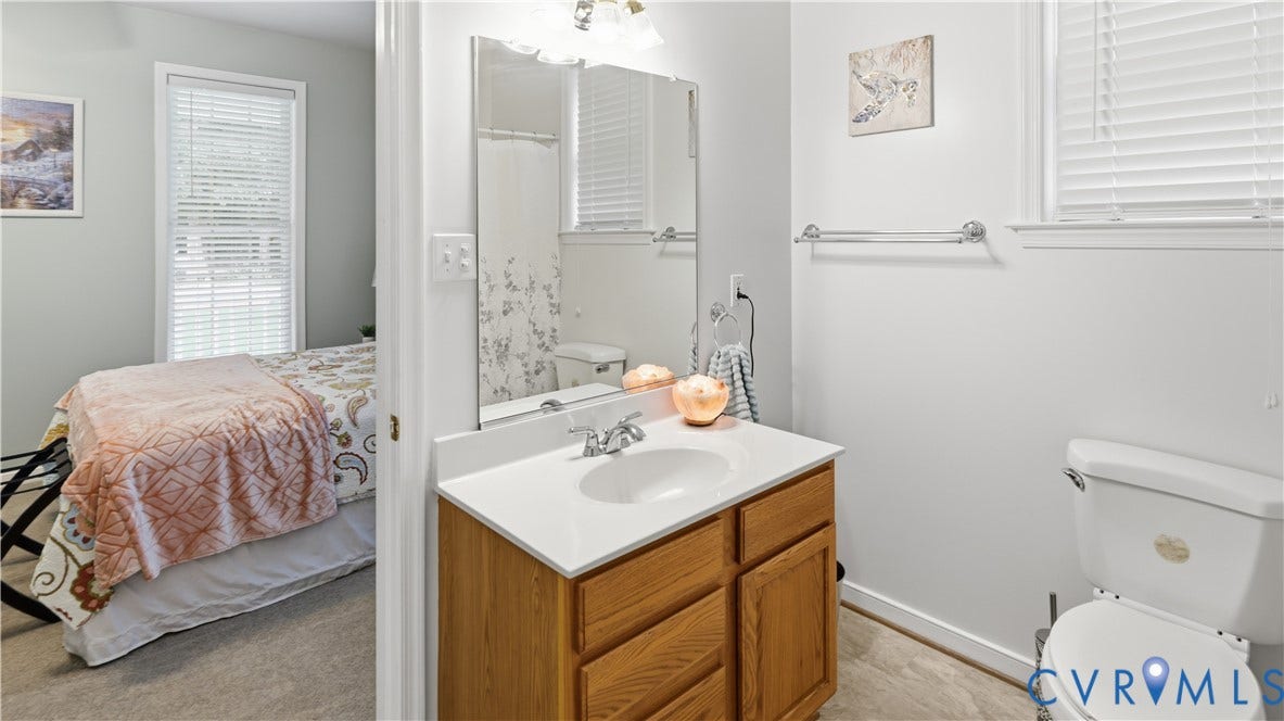 1836 Rocky Ford Road, Powhatan, VA 23139 Bathroom vanity featuring a single basin, laminate countertop, and wood-finish cabinetry