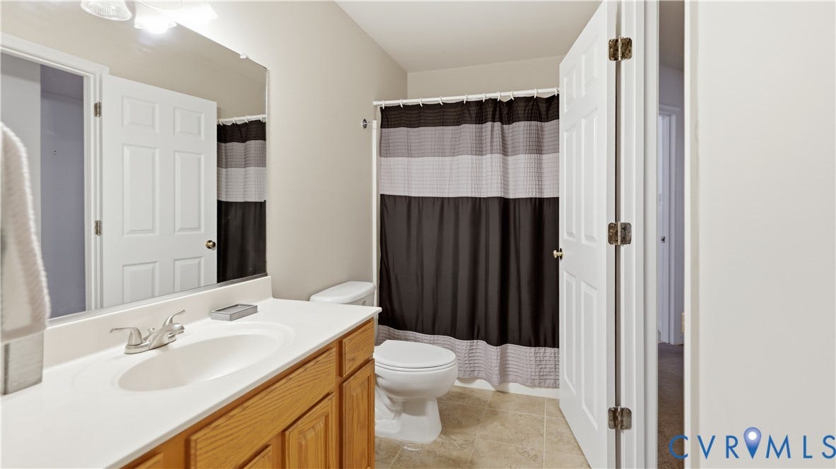1836 Rocky Ford Road, Powhatan, VA 23139 Bathroom featuring a wood-finish vanity with a white countertop and integrated sink