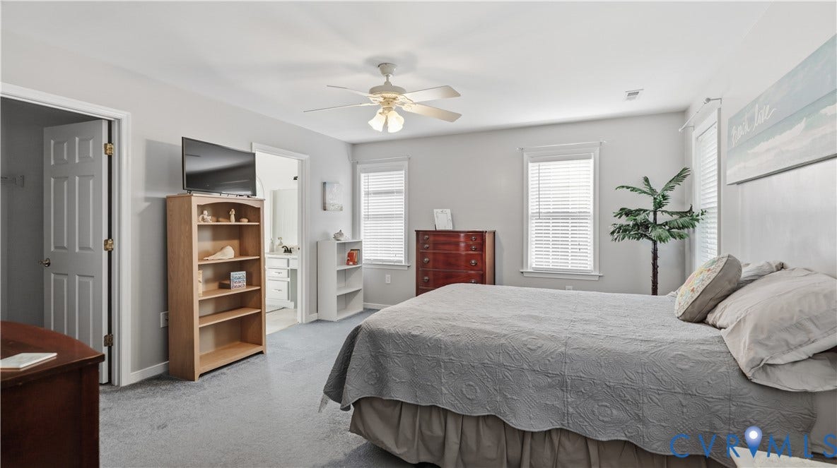 1836 Rocky Ford Road, Powhatan, VA 23139 Spacious room featuring light gray wall paint, light gray carpeting, and multiple windows with blinds