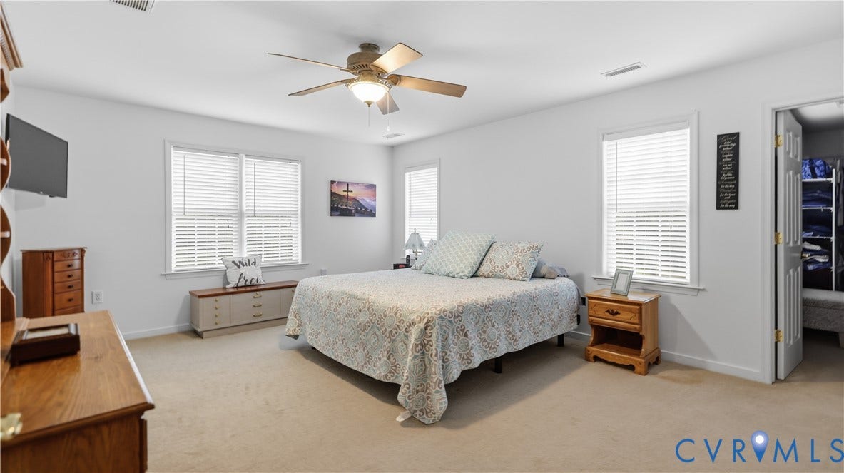1836 Rocky Ford Road, Powhatan, VA 23139 Spacious room featuring neutral carpeting, a ceiling fan with integrated lighting, and multiple windows with blinds