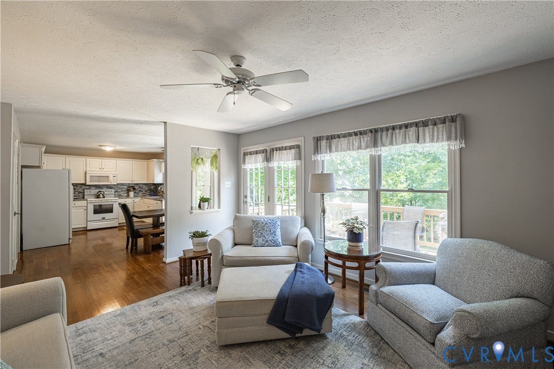 Living area with neutral wall tones and wood-finish flooring