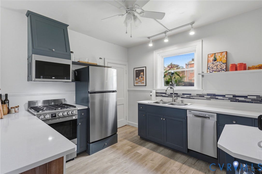 3332 Parkwood Avenue, Carytown, Richmond, VA 23221 Contemporary kitchen featuring dark blue cabinetry, light-toned countertops, and stainless steel appliances