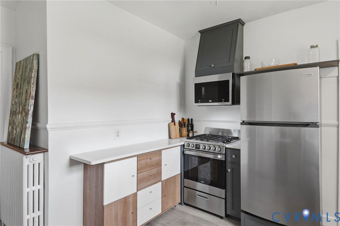 3332 Parkwood Avenue, Carytown, Richmond, VA 23221 Kitchen featuring stainless steel appliances, solid surface countertops, two-tone cabinetry, and wood-finish flooring