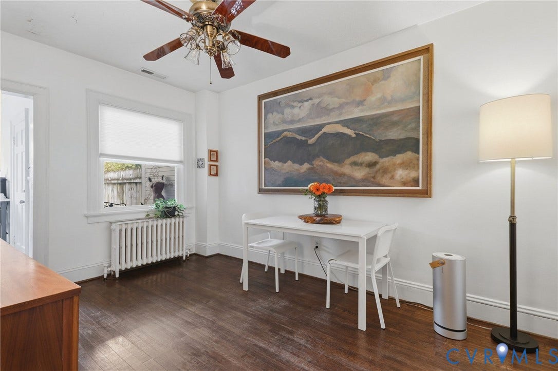 3332 Parkwood Avenue, Carytown, Richmond, VA 23221 Dining area with dark wood-finish flooring and a white window with a radiator below