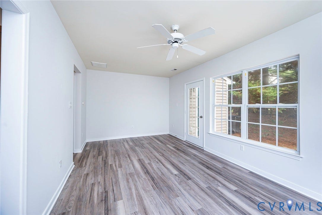 2802 Goyne Terrace, Chester, VA 23831 Spacious room featuring wood-finish flooring, white walls, and a ceiling fan