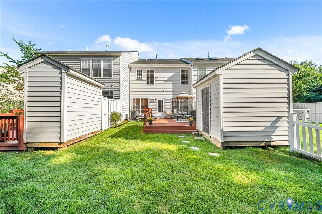 958 Wellston Court, Glen Allen, VA 23059 Manicured lawn with a spacious wooden deck featuring a white privacy fence