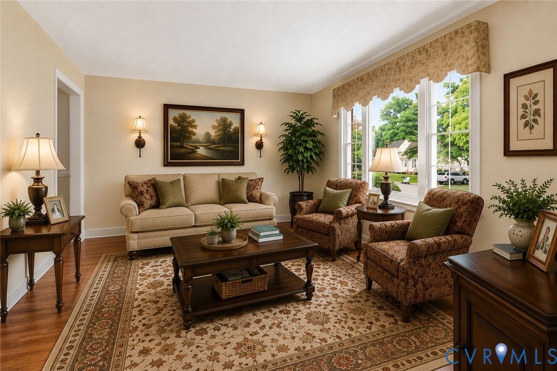 3737 Perthshire Lane, Colonial Heights, VA 23834 Virtually staged living room featuring hardwood-finish flooring, a decorative area rug, and neutral wall tones