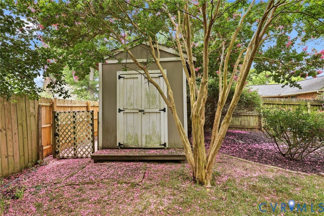3737 Perthshire Lane, Colonial Heights, VA 23834 Backyard featuring a storage shed with double doors, wood fencing, and mature trees