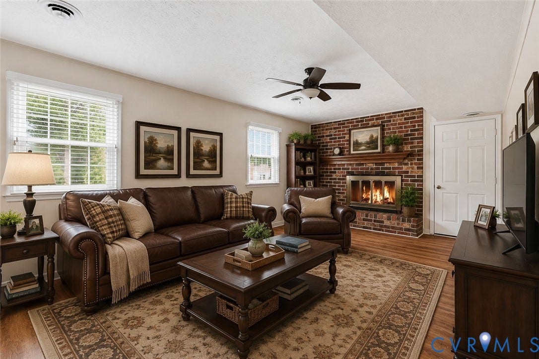 3737 Perthshire Lane, Colonial Heights, VA 23834 Virtually staged family room with brick fireplace