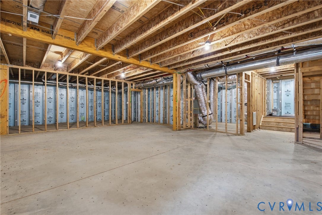 3780 Aston Trail, Powhatan, VA 23139 Full unfinished basement with rough-in bathroom and 4 separate rooms already framed.