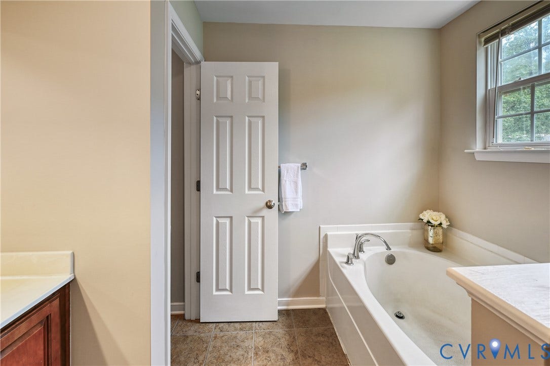 519 N Timber Tribe, Lake Anna, Mineral, VA 23117 Built-in soaking tub with chrome fixtures, framed by a window with natural light