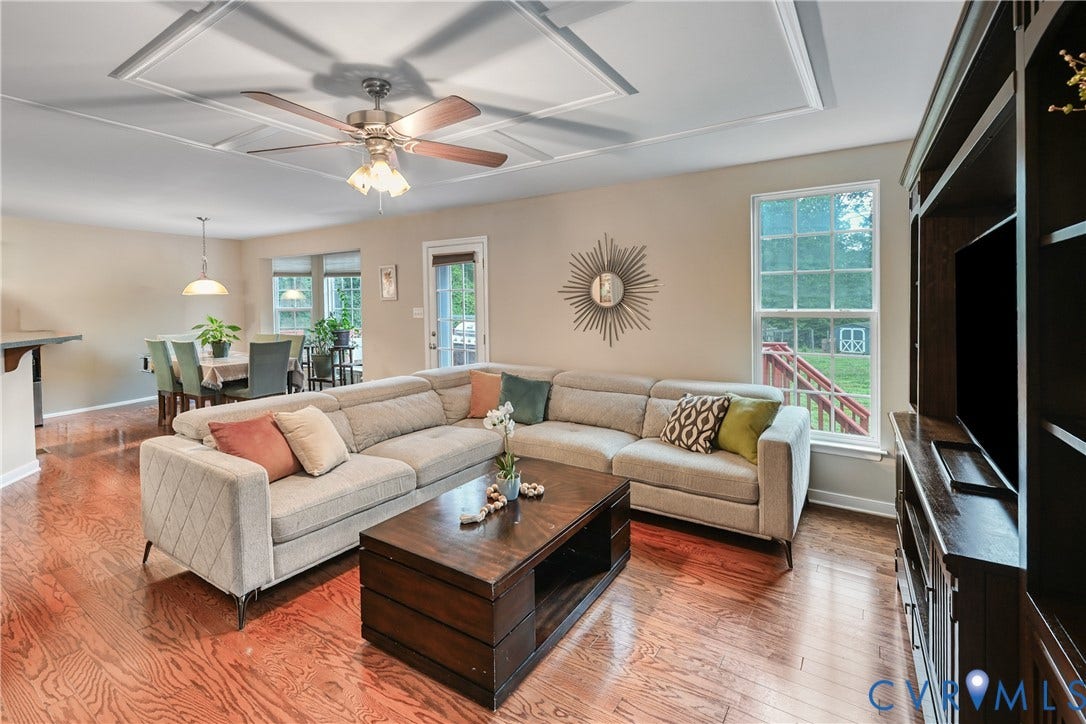 519 N Timber Tribe, Lake Anna, Mineral, VA 23117 Living area with coffered ceiling and wood-finish flooring