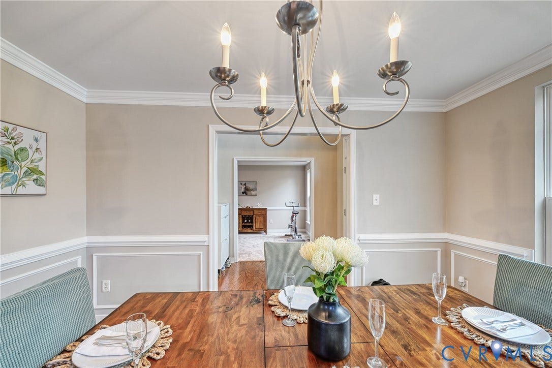 519 N Timber Tribe, Lake Anna, Mineral, VA 23117 Dining area featuring crown molding, chair rail, and wainscoting