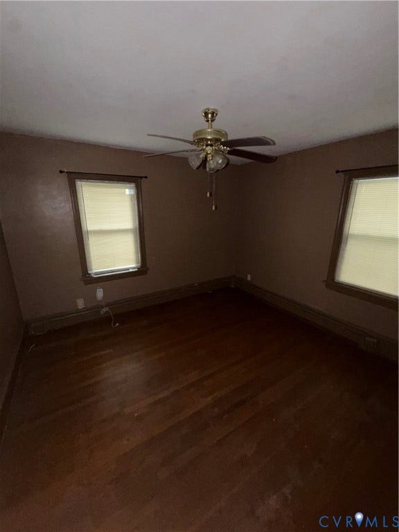 3605 Dill Road, Henrico, VA 23222 Room featuring wood-finish flooring, two windows with blinds, a ceiling fan with integrated lighting, and dark trim
