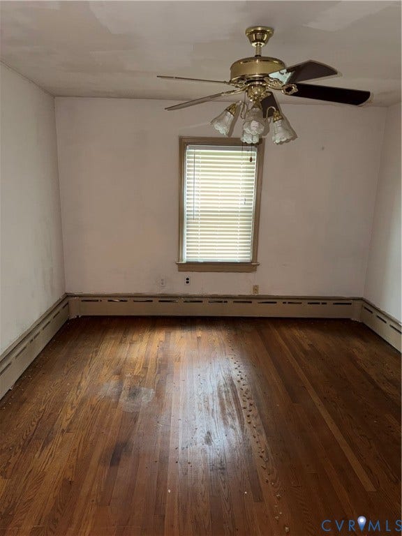 3605 Dill Road, Henrico, VA 23222 Hardwood flooring extends throughout this room, featuring baseboard heating and a window with horizontal blinds