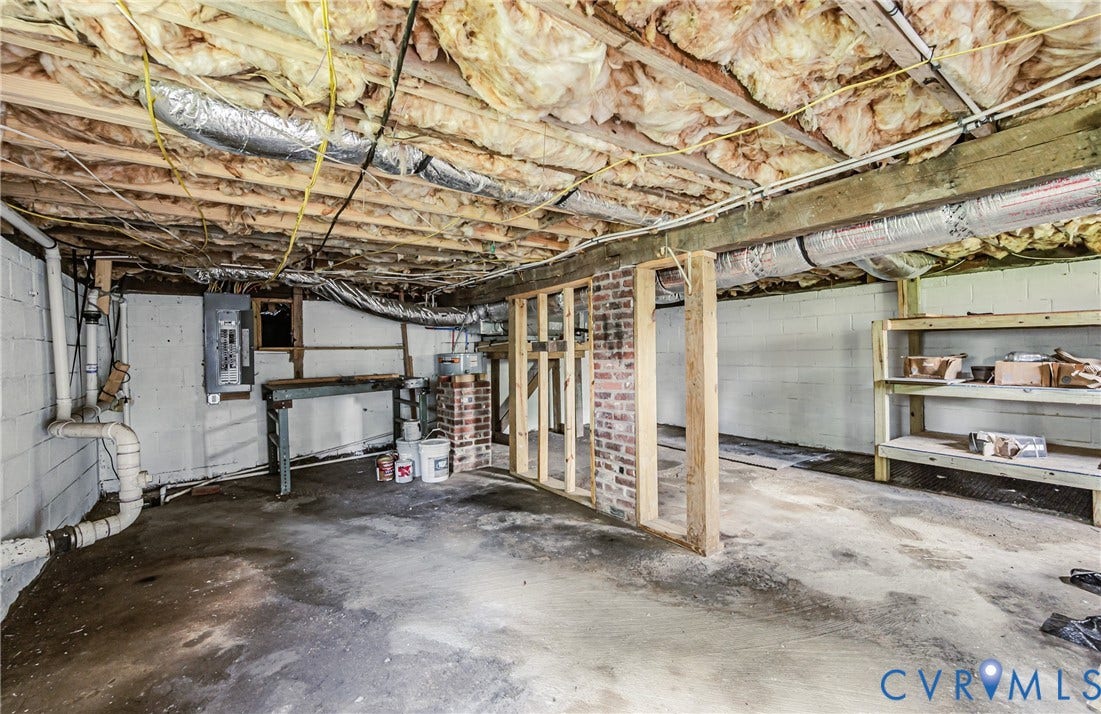 2015 Fordson Road, Richmond, VA 23229 Unfinished basement space featuring concrete flooring, exposed ceiling joists with insulation, and block wall construction