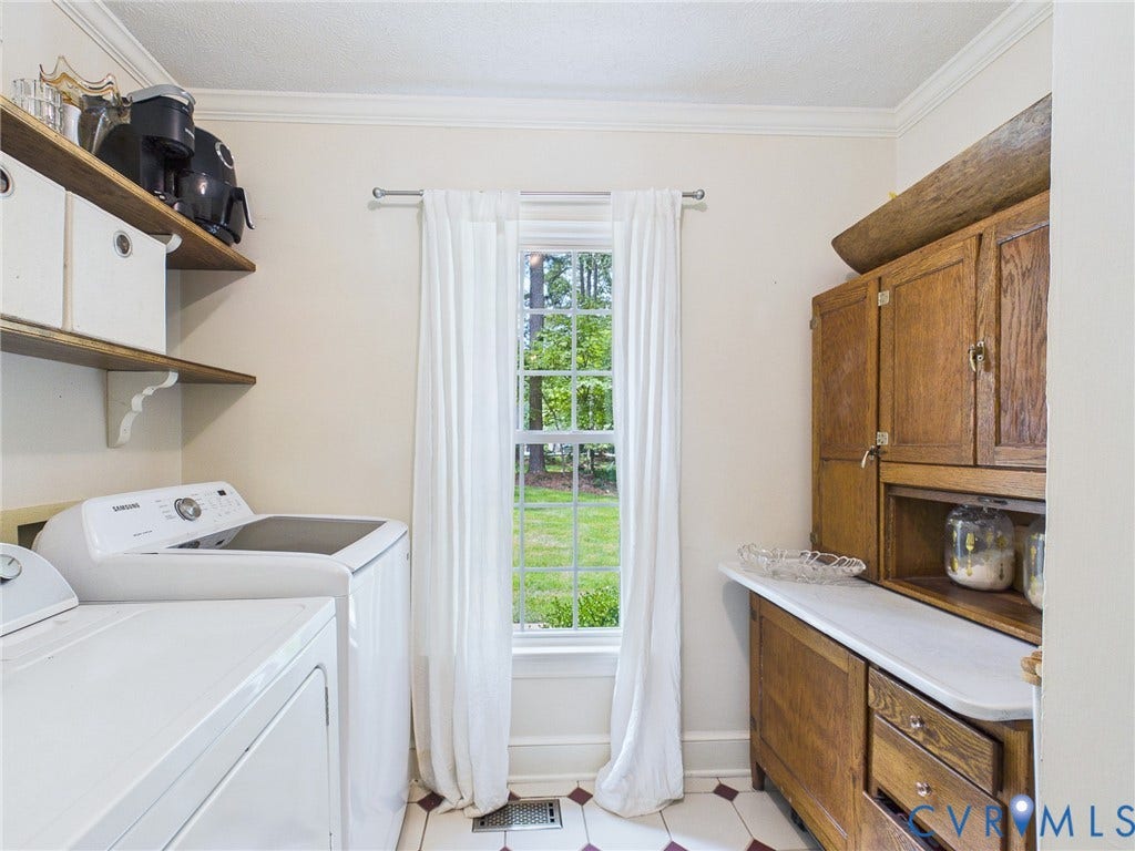 14301 Creek Stone Drive, Chesterfield, VA 23838 Laundry area featuring wood-finish shelving, a multi-pane window, and a built-in wood-finish hutch with a countertop