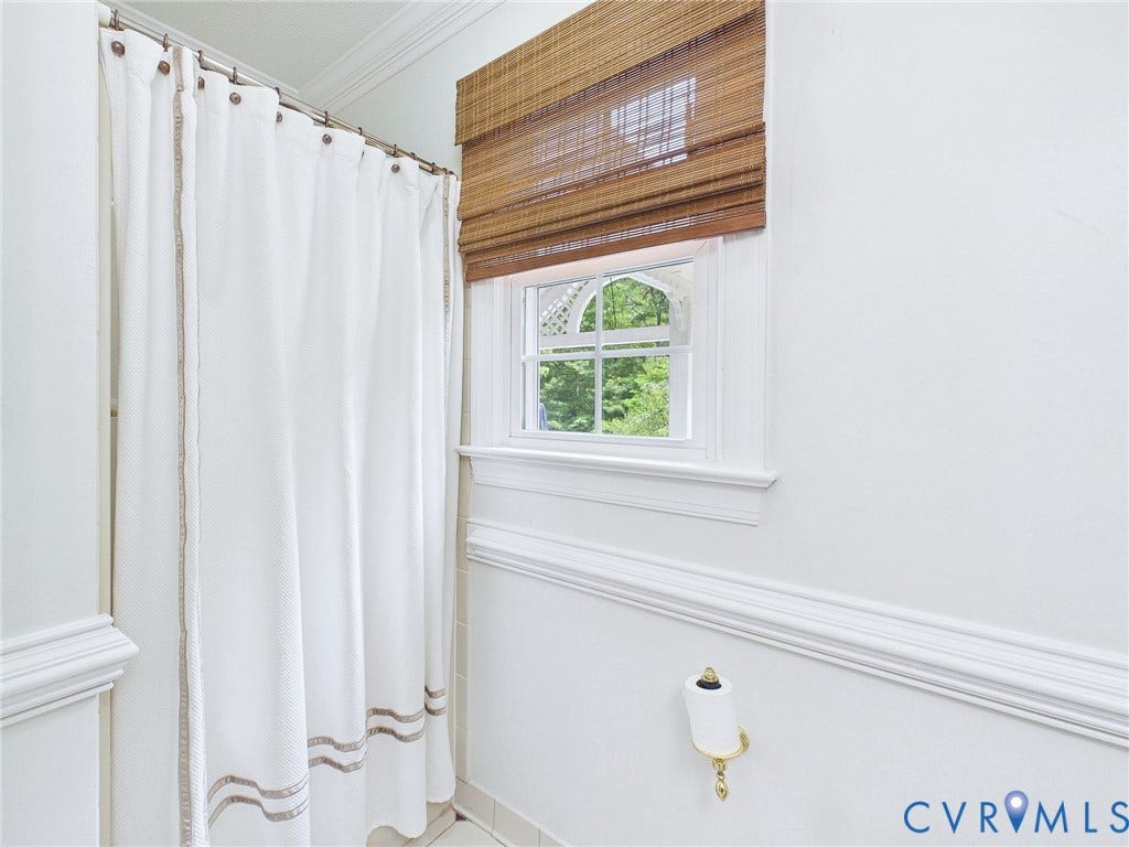 14301 Creek Stone Drive, Chesterfield, VA 23838 Bathroom featuring a window with an arched transom, woven wood shade, and extensive white molding
