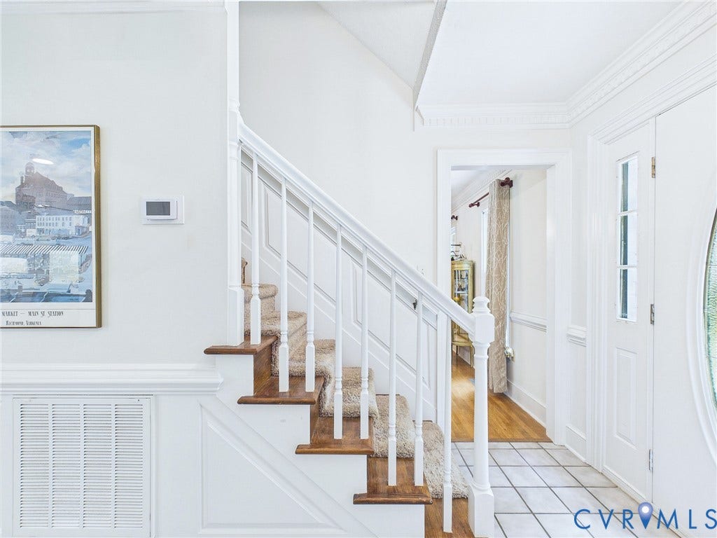 14301 Creek Stone Drive, Chesterfield, VA 23838 Classic staircase featuring wood treads with carpet runners and white balusters