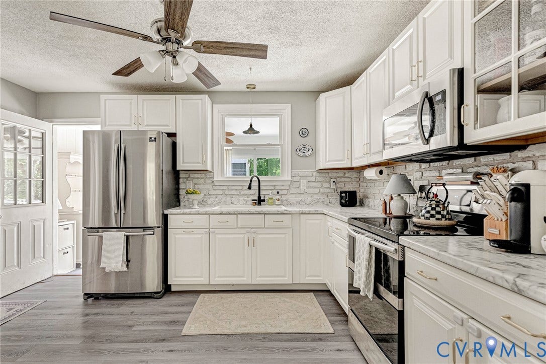 348 Forest Lane, Timberland Estates, King William, VA 23086 Modern kitchen featuring white cabinetry, a stainless steel French door refrigerator, and a built-in microwave