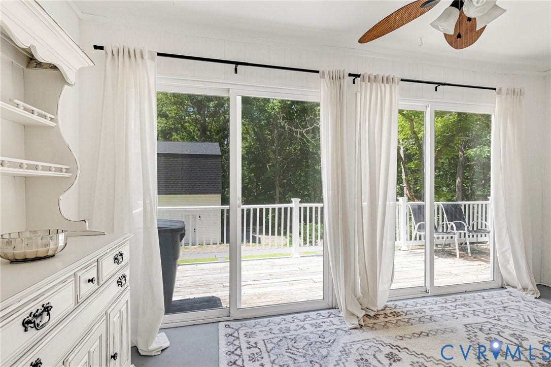 348 Forest Lane, Timberland Estates, King William, VA 23086 Triple sliding glass doors opening to a wood-finish deck with white railings