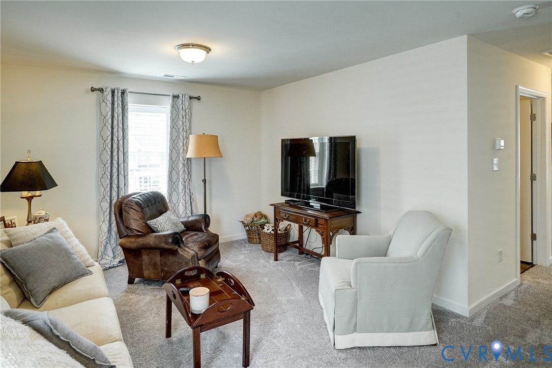 18024 Twin Falls Lane, Aston Oaks, Moseley, VA 23120 Light-filled interior space featuring neutral wall tones, a ceiling-mounted light fixture, and plush grey carpeting