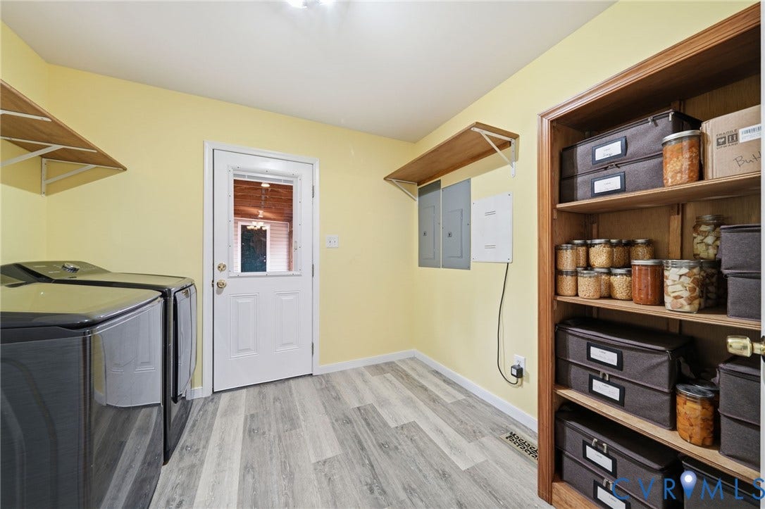 2231 Red Lane Road, Powhatan, VA 23139 Generously sized utility/laundry area w/shelving, providing plenty of room for additional storage, pantry overflow, or household essentials. Conveniently located w/direct access to the breezeway & deck.