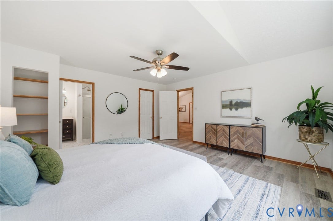 2231 Red Lane Road, Powhatan, VA 23139 Designed as a relaxing retreat, the spacious primary suite, showcases the vaulted ceiling, a private en suite bath w/spacious shower, a generous walk-in closet & built in shelving for your books & photos.